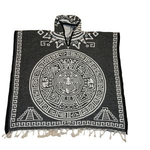 Mexican Poncho with Aztec Warrior and Calendar Design | Grey